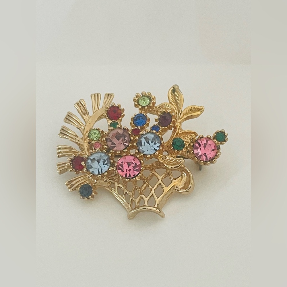 Basket of Flowers with Multicolor Gems Brooch